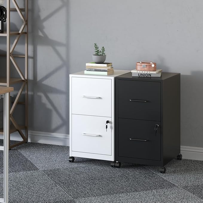 2 Drawer Mobile File Cabinet with Lock and Wheels, Small Vertical Under Desk Steel Rolling Storage Cabinet for Home Office Legal/Letter/A4 Files, Assembly Required (White)