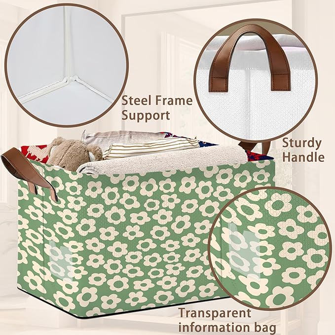 Vintage Groovy Flowers Storage Basket Large 17x11.5x10.5 Inche-Collapsible Fabric Organizer Bin with Handles for Living Room,Bedroom,Blankets-Decorative Hamper with 70s Retro Floral Design-Single Pack