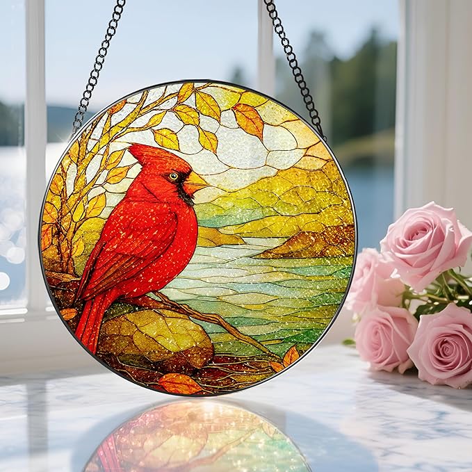 Stained Glass Window Hanging, 8 Inch Cardinal Stained Glass Suncatcher, Memorial Sun Catchers Indoor Window, Memorial Gifts, Sympathy Gift for Loss, Red Bird Decor, Cardinal Gift