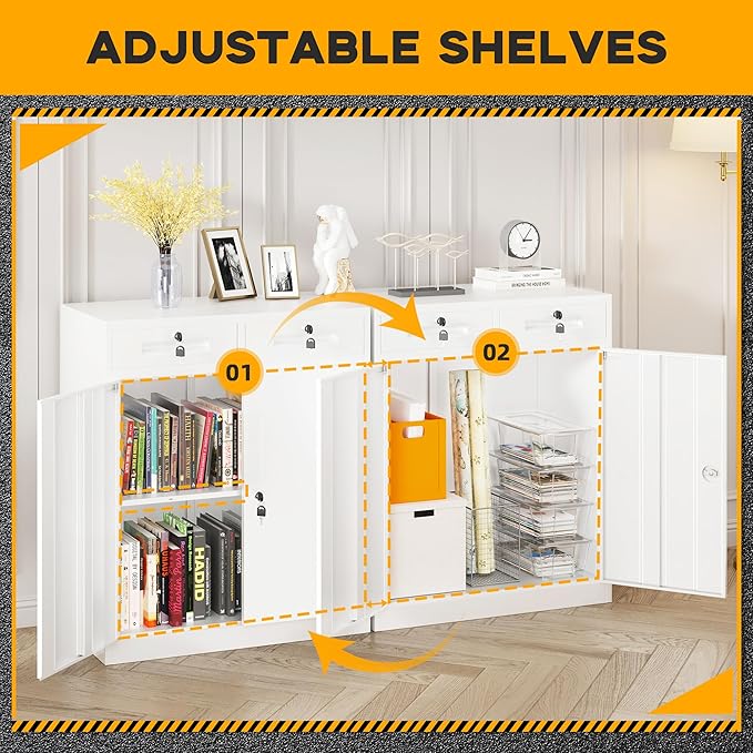 Greenvelly Metal Storage Cabinet with Drawers,42” White Cabinet Steel Garage Cabinet with 2 Doors and Adjustable Shelves, Lockable Storage Cabinet for Home Office, Garage, School, Apartment, Warehouse