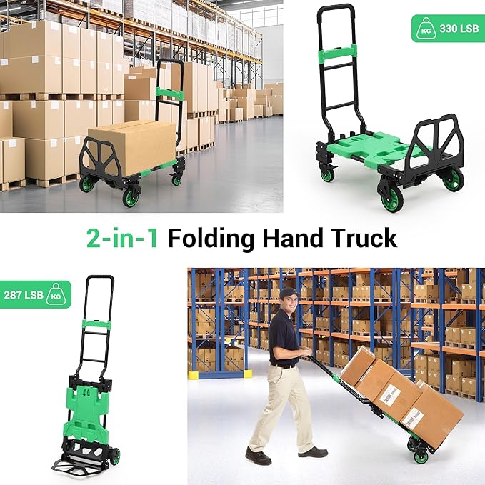 2-in-1 Folding Hand Truck with Folding Basket, Collapsible Hand Truck Dolly with Retractable Handle & 4 Wheels, 330 LB Capacity Portable Dolly Cart for Moving, Shopping, Green