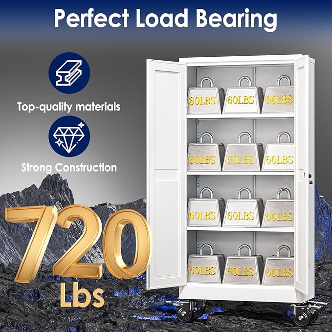 61" H Metal Garage Storage Cabinet, Rolling Tool Cabinet with 2 Doors and Wheels, Locker Steel Cabinet with 3 Adjustable Shelves, Organization Cabinet for Garage,Office,Home,Gym,School（White）