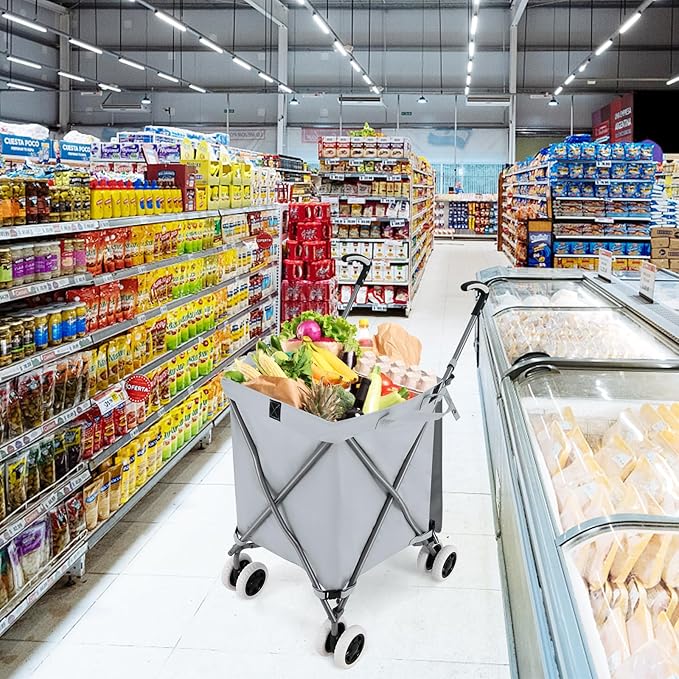 Goplus Folding Shopping Cart with Wheels, Grocery Cart with Removable Oxford Cloth Liner, Lightweight Utility Cart for Groceries Laundry, Gray