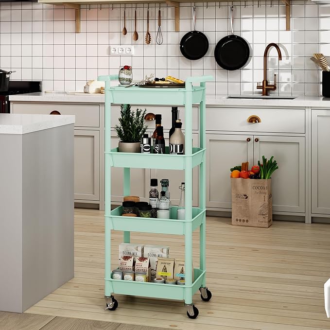 Utility cart with Tabletop 4 Tier Rolling Cart Organizer with Wheels Movable Storage Cart for Office, Living Room, Kitchen, Craft Room, Green