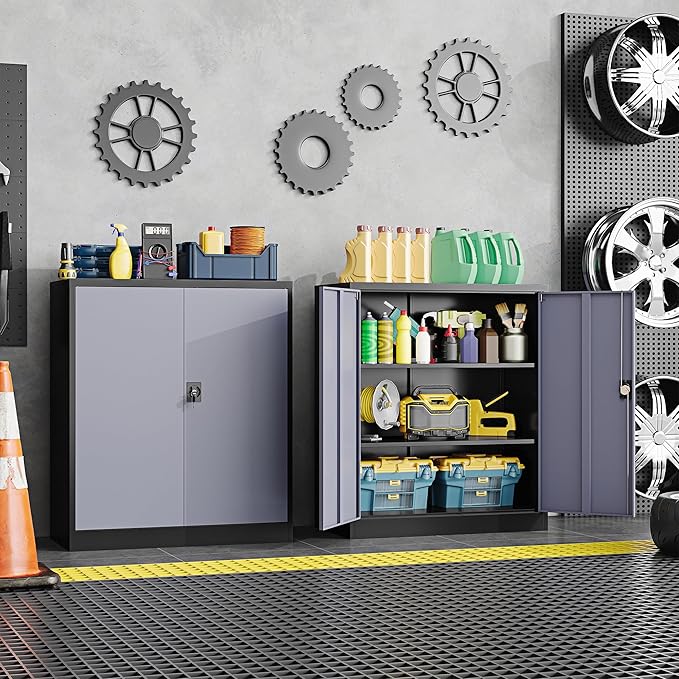 Metal Storage Cabinet,Locking File Cabinet with Doors and Adjustbale Shelves,Tool Steel Cabinets for Garage,Home Office,School,Gym(Grey & Black)