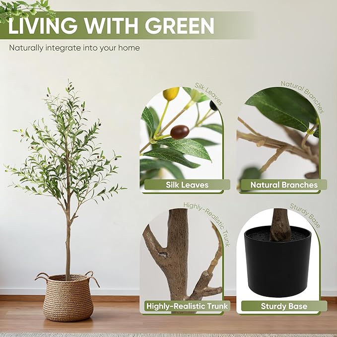 2 Pack Artificial Olive Tree 5FT, Tall Faux Olive Trees for Indoor Outdoor, Realistic Potted Plant Natural Wood Trunk, Leaves and Fruits for Home Office Decor (2, 5FT)