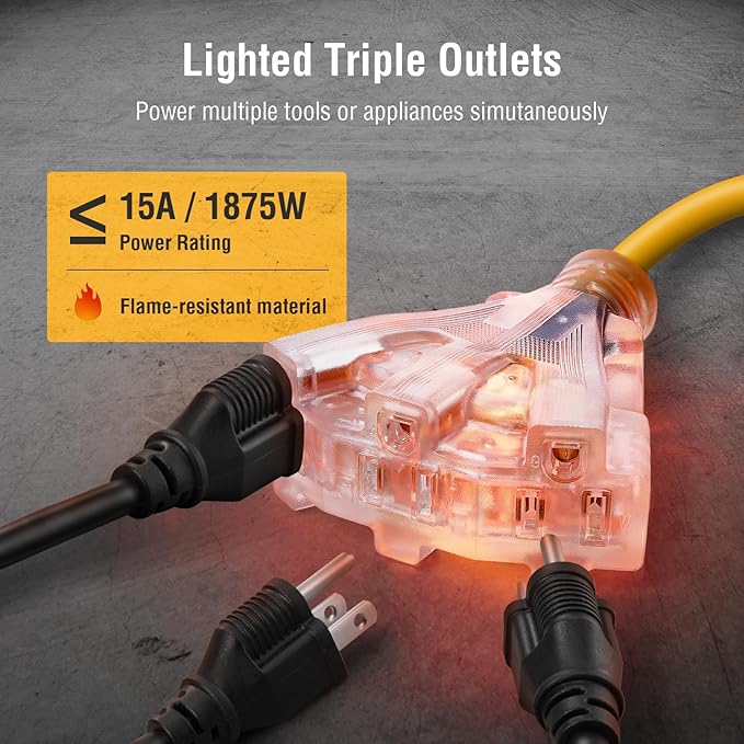 SURAIELEC 12 Gauge Extension Cord Reel, 45 FT Retractable Extension Cord, 12 AWG/3C SJTOW Heavy Duty Power Cord, 15 AMP Circuit Breaker, Lighted Triple Tap, Ceiling or Wall Mount, ETL Listed