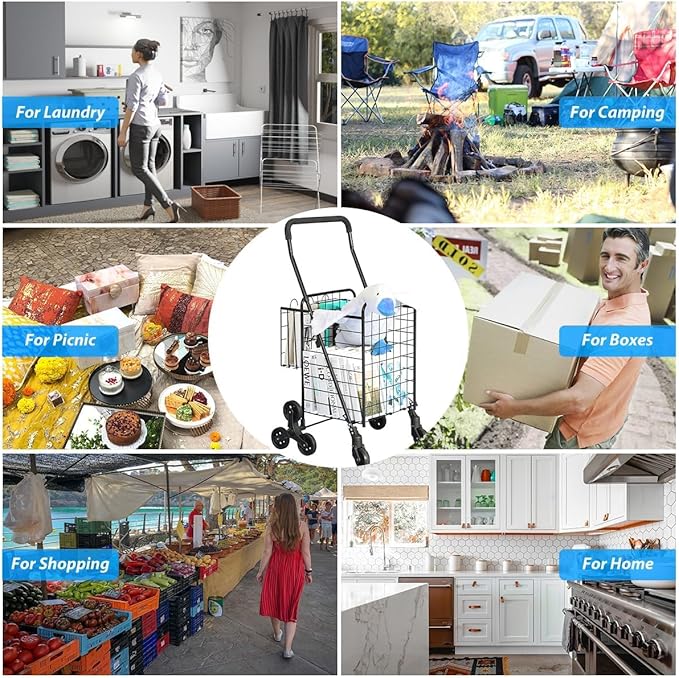 Folding Shopping Cart, Heavy-Duty Stair-Climbing Grocery Cart with 360° Swivel Wheels - Extended Foam Handle - Utility Trolley for Laundry, Travel, Shopping
