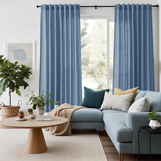 Linen Stone Blue Curtains 108 inch Living Room Back Tab Light Filtering Semi Sheer Drapes Modern Simplicity Farmhouse Coastal Decor for Floor to Ceiling High Window 52x108,2 Panels
