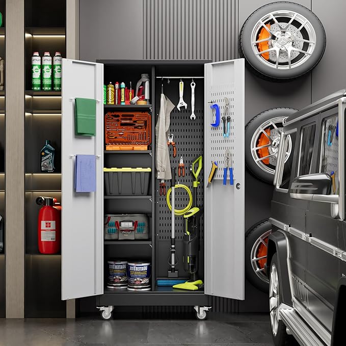 Broom Closet Storage Cabinet with Wheels and Pegboard, Metal Garage Storage Cabinet with Magnetic Doors,Adjustable Shelves for Garage Home Office,Required Assembly,Black and White,71"H×15.75"D×31.5"W