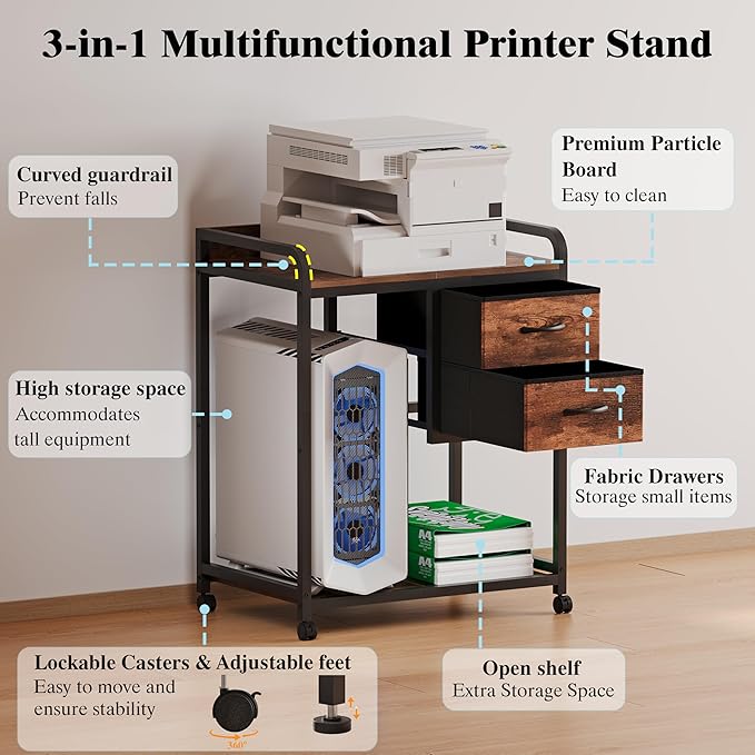 Large Printer Stand with 2 Fabric Drawers, Mobile Printer Table with Wheels and Computer Tower Slot for Home Office Storage and Organization, Rustic Brown (Rustic Brown)