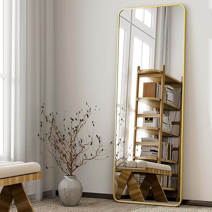 HARRITPURE 56"x21" Full Length Mirror, Gold Rounded Corner Aluminum Frame Floor Standing Mirror Hanging/Leaning Wall for Living Room Bedroom Cloakroom