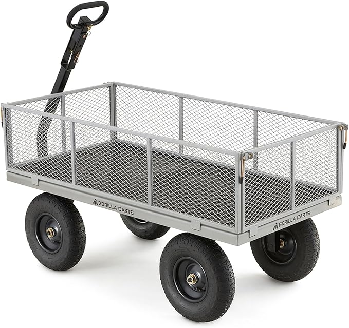 Gorilla Carts Steel Utility Cart, 7 Cu Ft Bed, 1000 lb Load Capacity, Gray – Towable Heavy-Duty Outdoor Hauling Wagon with Removable Side Panels for Yard, Lawn, Garden or Landscaping