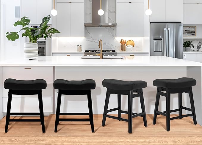 Counter Height Black Bar Stools Set of 3 for Kitchen Counter, Backless Farmhouse Kitchen Island Barstools with Upholstered Faux Leather Saddle Seat and Solid Wood Legs Modern 24 inch Bar Chairs