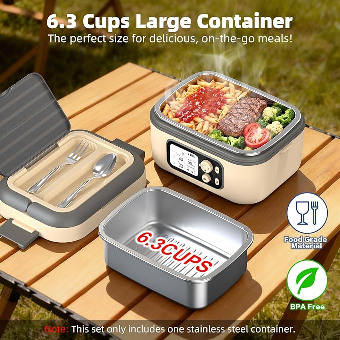 Cordless Heated Lunch Box for Men, 6.3 Cup 100W Electric Lunch Box Food Warmer with 24000mAh Battery for Self Heating, Including Cutlery, Insulated Bag and Divider for Women Adults (Grey+Beige)