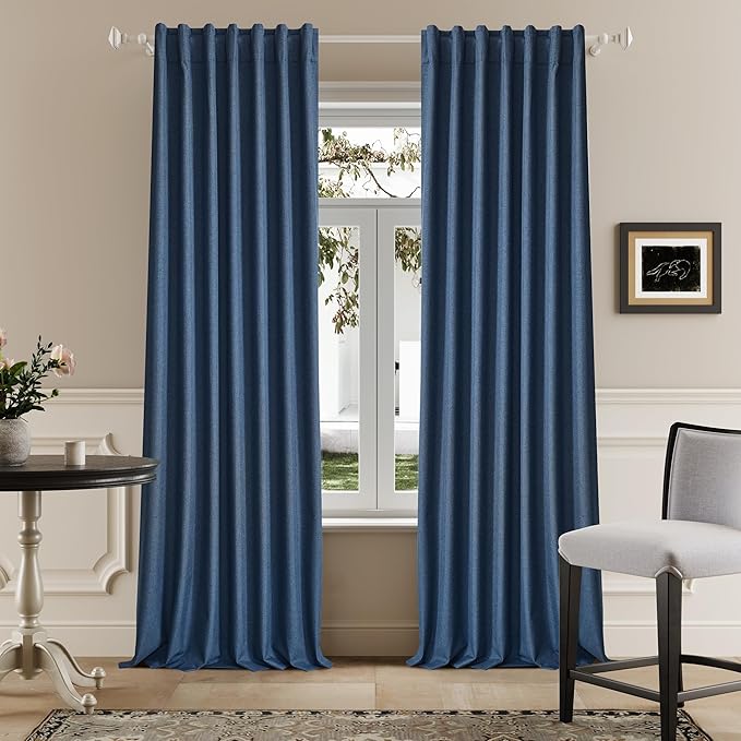 DUALIFE Blue Linen Full Blackout Curtains 108 Inch Length 2 Panels Set for Living Opaque Privacy Back Tab Thermal Insulated 100% Black Out Room Darkening 9ft Window Curtain Drapes 108 Inches Long