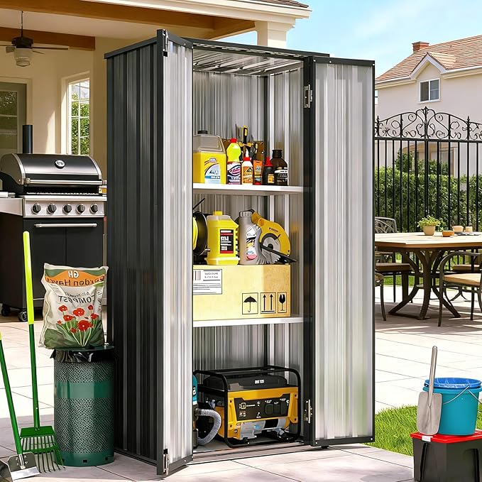 Outdoor Storage Cabinet Outdoor Metal Shed with 2 Adjustable Shelves 3 Layer Indoor& Outdoor Waterproof Vertical Storage Shed for Patio Garden, Garage, Porch (Black, 2.5'x1.5')