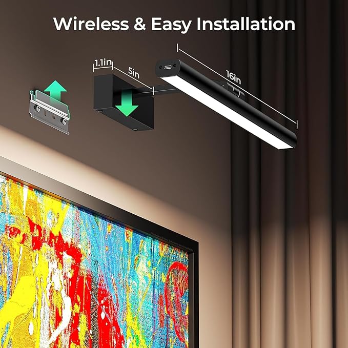 Wireless Picture Lights for Wall, Battery Operated Wall Light for Painting Rechargeable CCT Rotatable 16in Art Gallery Light with Remote Dimmable Timer for Artwork Frame Display Dartboard