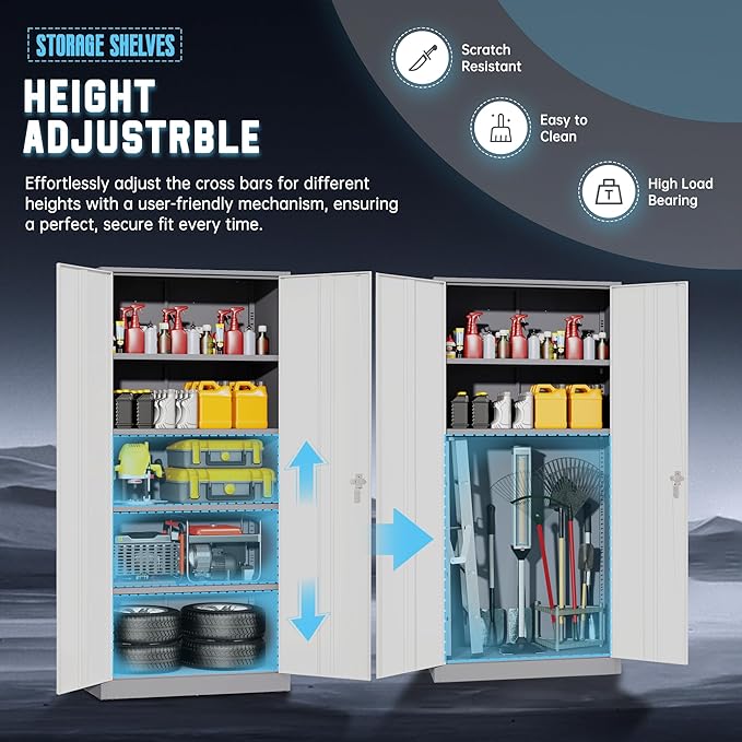 Superday Metal Storage Cabinet with Lock, 72" H Garage Storage Cabinet with Doors and 4 Adjustable Shelves,White Grey Steel Locking Cabinets for Office, Home, Garage, Gym, School
