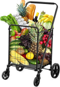 YITAHOME Utility Foldable Shopping Cart with Wheels, Large Reinforced Mesh Bottom, Portable Collapsible Rolling Cart for Laundry, Grocery, Luggage, Storage and Seniors, 220 lbs Capacity, Black