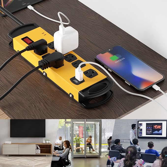 Oviitech 8 Outlets Mountable Heavy Duty Surge Protector Metal Power Strip with 2 USB Charging Ports(2.4A),1800 Joules with 6 Foot Long Extension Cord, Yellow&Black,ETL Listed