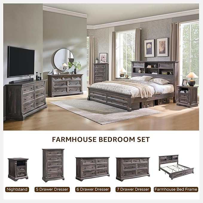 T4TREAM Farmhouse 5 Drawer Dresser for Bedroom, 47" Tall Wood Dresser with Ample Storage Space and Rustic Charm, Dark Rustic Oak