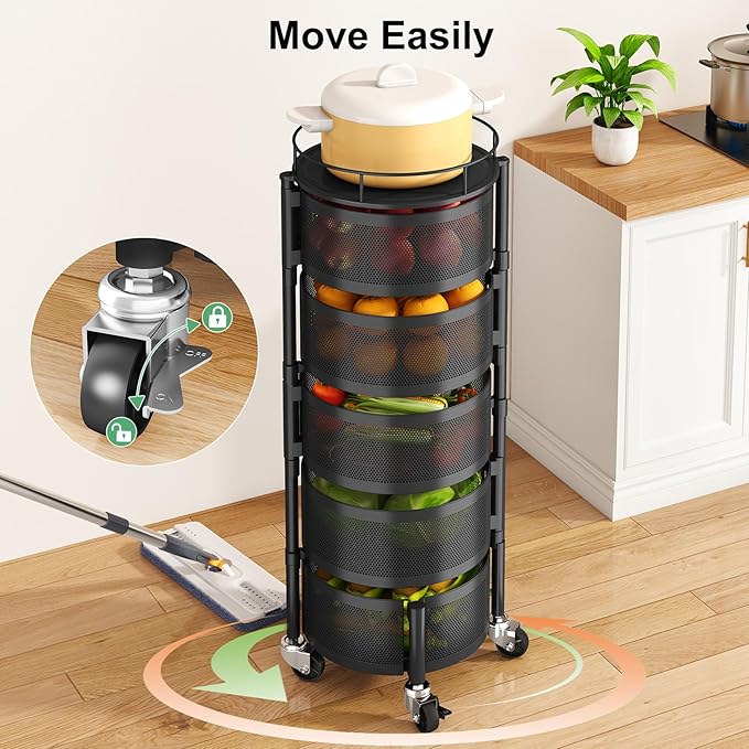 SAYZH Fruit Vegetable Basket for Kitchen, Rotating Storage Rack, 5 Tier Rolling Cart with top lid, Large Metal Wire Wheels, Black