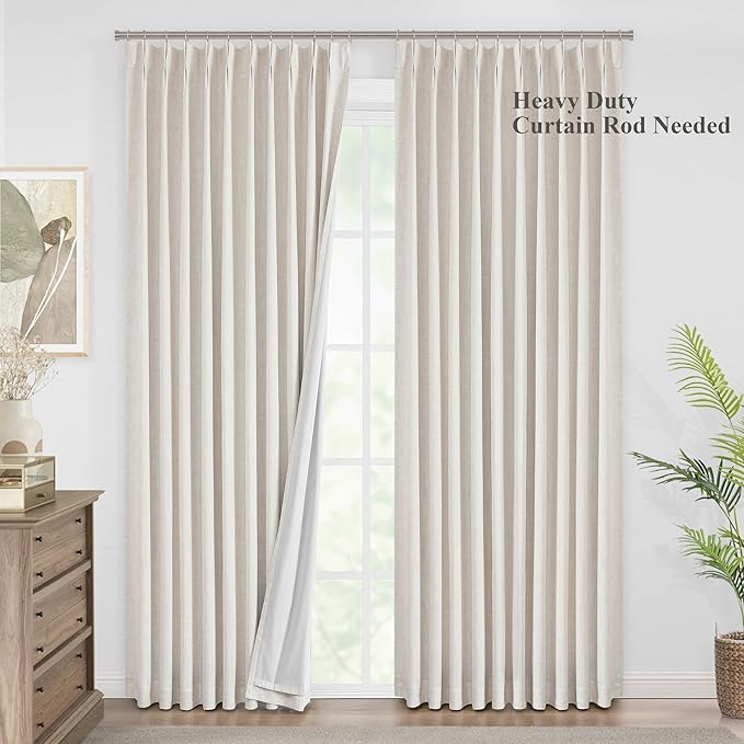 Vision Home Natural Pinch Pleated Full Blackout Curtains Linen Blended Room Darkening Window Curtains 84 inch for Living Room Bedroom Thermal Insulated Pinch Pleat Drapes with Hooks 1 Panel 60"Wx84"L