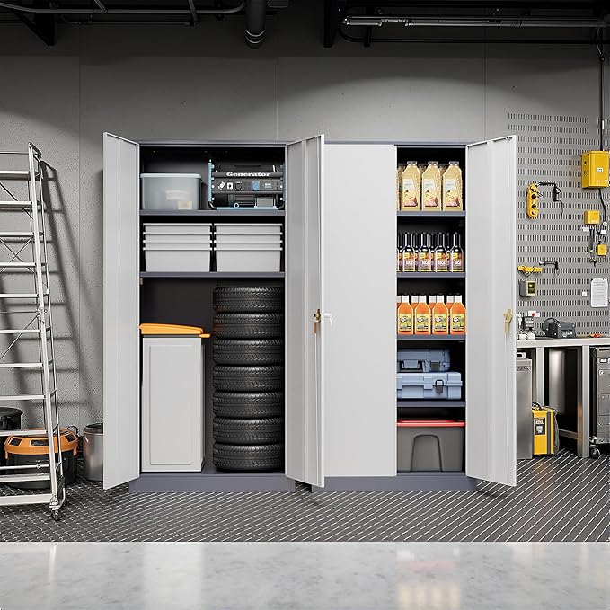Pataku Metal Storage Cabinet, 71" Garage Cabinet with Doors and Shelves Lockable Steel Multifunctional Cabinets, File Cabinets for Home, Office, Garage, Warehouse(White Grey)