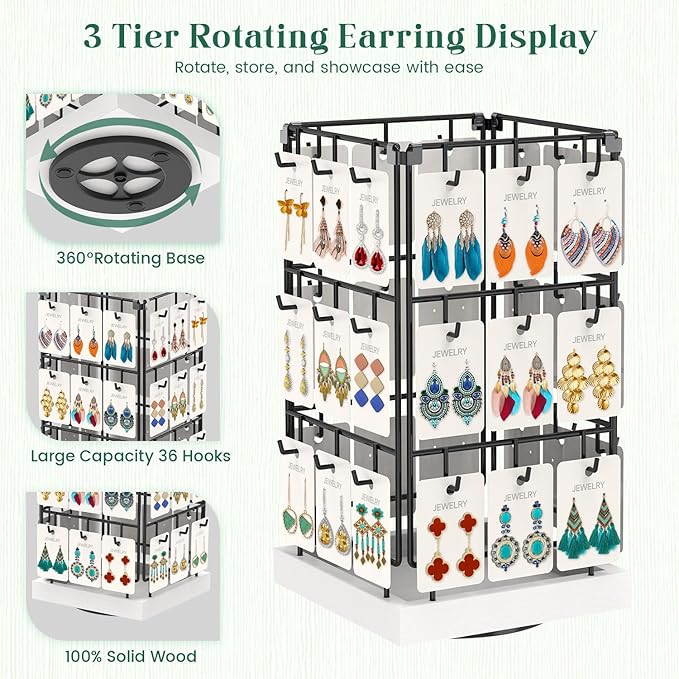 EsLuker.ly Rotating Earring Display Holder Stand for Vendors Events Selling, Large Capacity 36 Hooks Jewelry Rack with Wooden Base for Earring Card Sales, Enhances Retail Visibility
