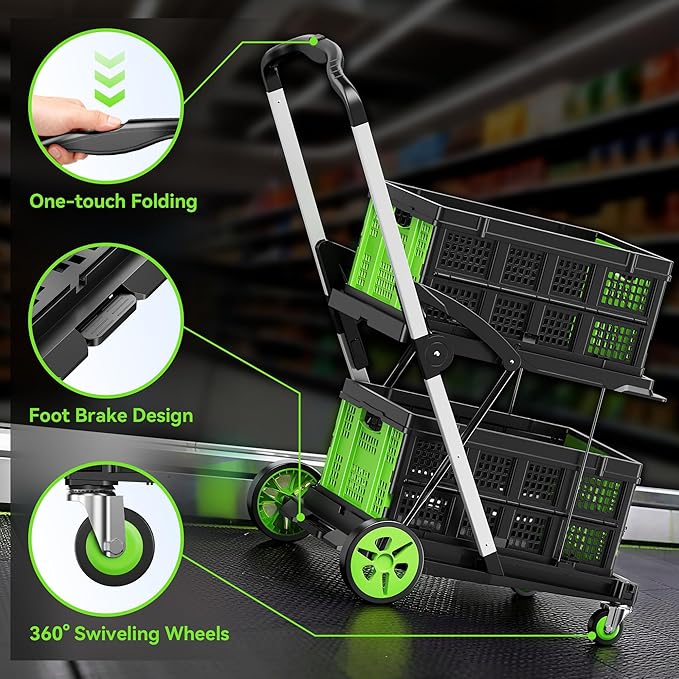 Collapsible Shopping Cart with Wheels, 8-in-1 200LBS Capacity Grocery Cart on Wheels with 2 Storage Crate, Folding Utility Cart for Shopping, Travel, Supermarket, Office, Green