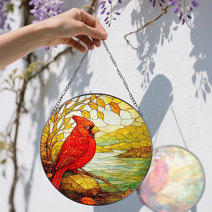Stained Glass Window Hanging, 8 Inch Cardinal Stained Glass Suncatcher, Memorial Sun Catchers Indoor Window, Memorial Gifts, Sympathy Gift for Loss, Red Bird Decor, Cardinal Gift