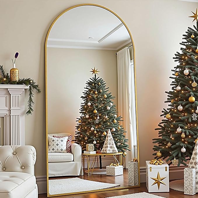 TinyTimes 81''x41'' Oversized Full Length Mirrors, Arched Floor Mirror with Stand, Full Body Large Oversized Standing Mirror/Leaning/Hanging Wall Mounted for Living Room, Bedroom, Gold