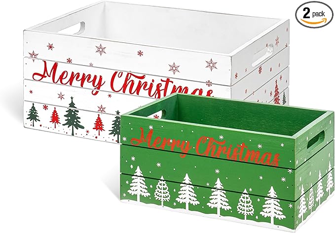 Red Co. Set of 2 White and Green Decorative Nesting Wooden Merry Christmas Storage Crate Organizers with Red Lettering