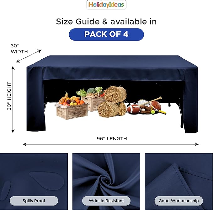 HolidayIdeas Open Back Fitted Tableclothss for 8 Foot Rectangle Table, Wrinkle Resistant Washable Table Covers 96x30 Inch for Craft Fairs, Banquets, Trade Show Display, Navy Blue,4 Pcs