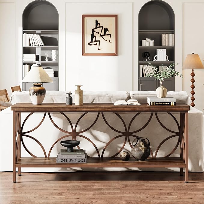 Tribesigns 70.9-Inch Narrow Sofa Table, Industrial Long Sofa Table Behind Couch, Entry Console Table with Storage for Entryway, Living Room, Foyer, Unique Design, Brown Glossy