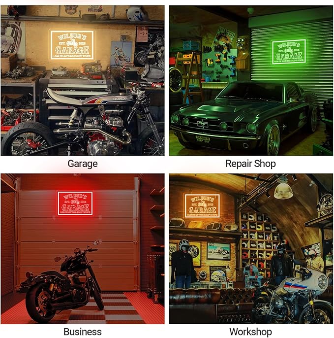 Custom Garage Neon Sign for Workshop, Personalized LED Neon Lights Motorcycle Signs for Wall Decor, Customized Garage Light Up Signs for Carport Repair Shop Carbarn Man Cave Business, Men Dad Gifts