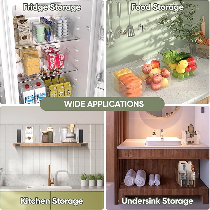BALEINE Clear Plastic Storage Bins, Pantry Organization, BPA Free Stackable Refrigerator Organizers and Storage with Handles for Kitchen Fridge Cabinet Bathroom (8PK, 10.5x6x5)