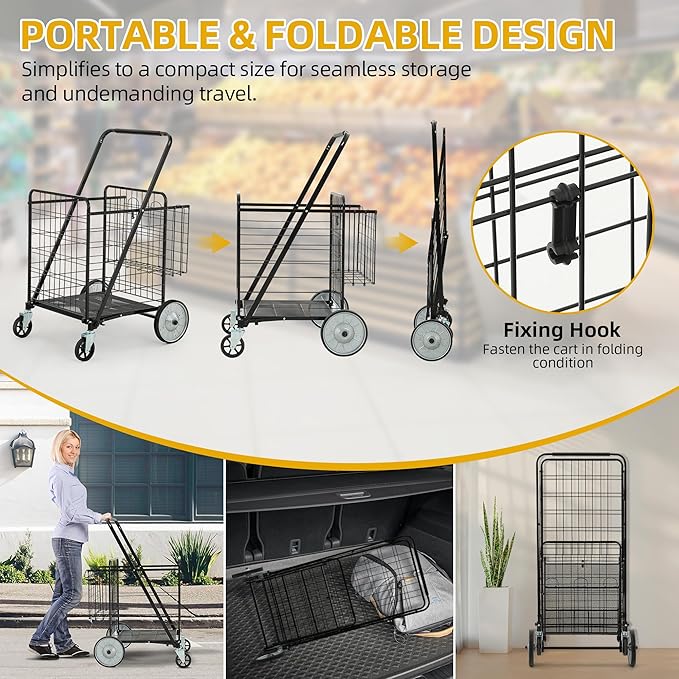 DWVO Super Jumbo Folding Shopping Cart Heavy Duty, Rolling Foldable Grocery Cart with Wheels, Portable Collapsible Utility Cart with Double Basket for Shopping Groceries Laundry Storage