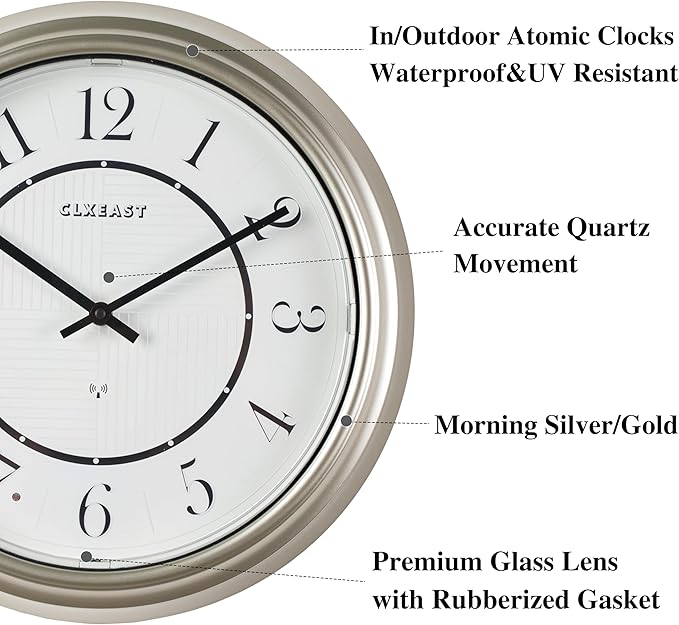 CLXEAST 14 Inch Self-Illuminated in/Outdoor Atomic Wall Clock for Home Office, Night Light Wall Clocks for Living Room Decor,Modern Farmhouse Morning Silver/Gold Finish