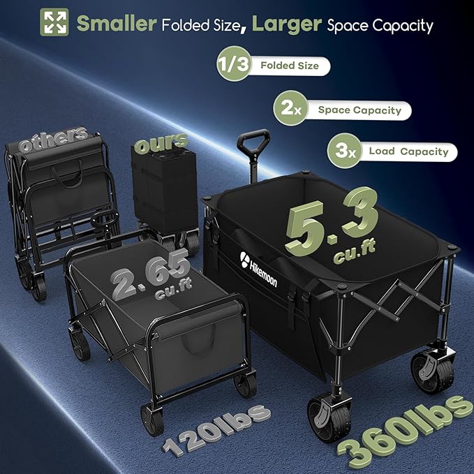 150L Collapsible Wagons Carts Foldable, 360LBS Heavy Duty Folding Beach Cart with Big All-Terrain Wheels, Portable Utility Wagon for Grocery, Shopping, Garden, Sports, Camping, Black