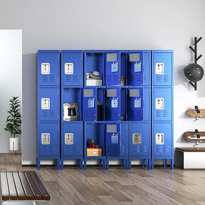 3 Doors Locker for Employees, Metal Locker Storage Cabinet for Home Office School Gym, Lockable, Require Assembly(Blue)