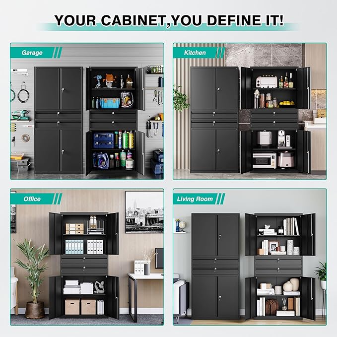 SISESOL Metal Storage Cabinet with Drawer and Locks,Black Garage Storage Cabinet with Locking Doors and Adjustable Shelves,71" Tall Large Metal Cabinets with Magnetic Door for Home,Office,Garage