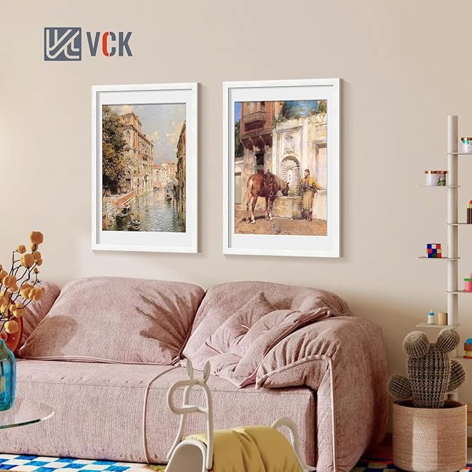 VCK 18x24 Frame 2 Pack, Exclusive Textured Solid Wood Poster Frame, Display Picture 16x20 with Mat or 18x24 without Mat, White