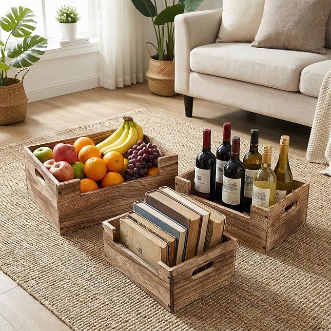 3 Pcs Decorative Wood Crates for Display, 3 Size Large Rustic Nesting Crates with Handles Farmhouse Wooden Box Basket Container