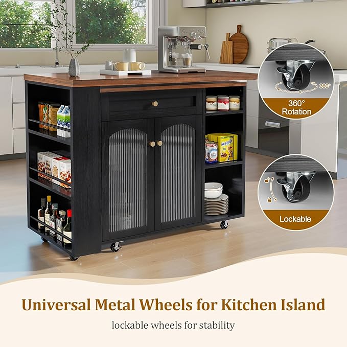 LYNCOHOME Rolling Kitchen Island with 360° Rotating Tabletop, Mobile Lockable Wheels & Adjustable Shelves, Multifunctional Storage Cart for Kitchen & Dining（Black）