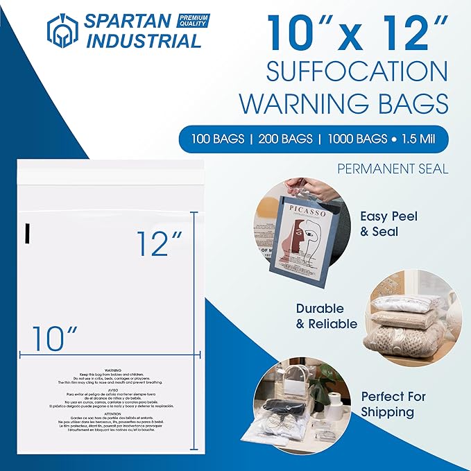 Spartan Industrial - 10" X 12" (1000 Count) Self Seal Clear Poly Bags with Suffocation Warning for Packaging, Shipping - Permanent Adhesive
