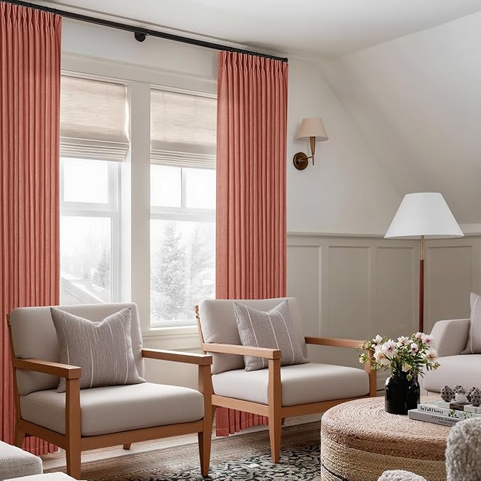 Pinch Pleated Terracotta Linen Curtains 84 Inches Long 2 Panels Set for Living Room Dining Pinch Pleat Back Tab Light Filtering Farmhouse Boho Retro Window Curtain Drapes Red Clay Autumn Fall Decor