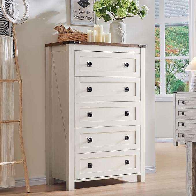 RedLemon Farmhouse 5 Drawer Dresser, 48" Tall Rustic Chest of Drawers, Wood Dresser for Bedroom, Living Room, Hallway, Antique White