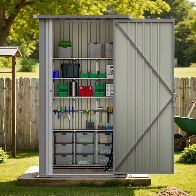 Greesum 3×3FT Outdoor Storage Shed, Metal Sheds with Sloping Roof and Lockable Single Door, Steel Tool Shed for Backyard, Bike, Patio, Garage, Lawn, Dark Gray